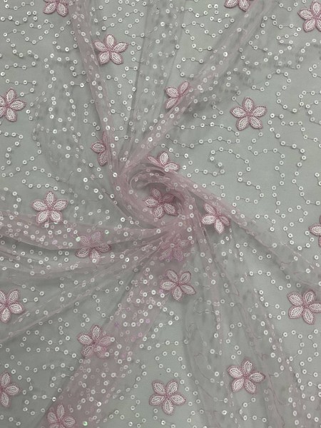 Tule Bordado com Paetê Rosa