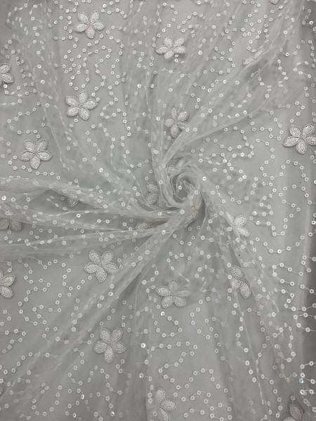 Tule Bordado com Paetê Branco