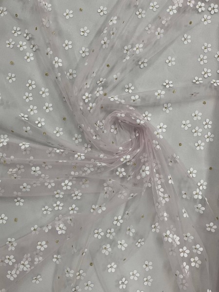 Tule Bordado Brilho Flor Rosa Nude