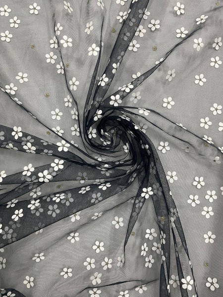 Tule Bordado Brilho Flor Preto
